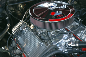 chrome air cleaner on automobile V-8 engine